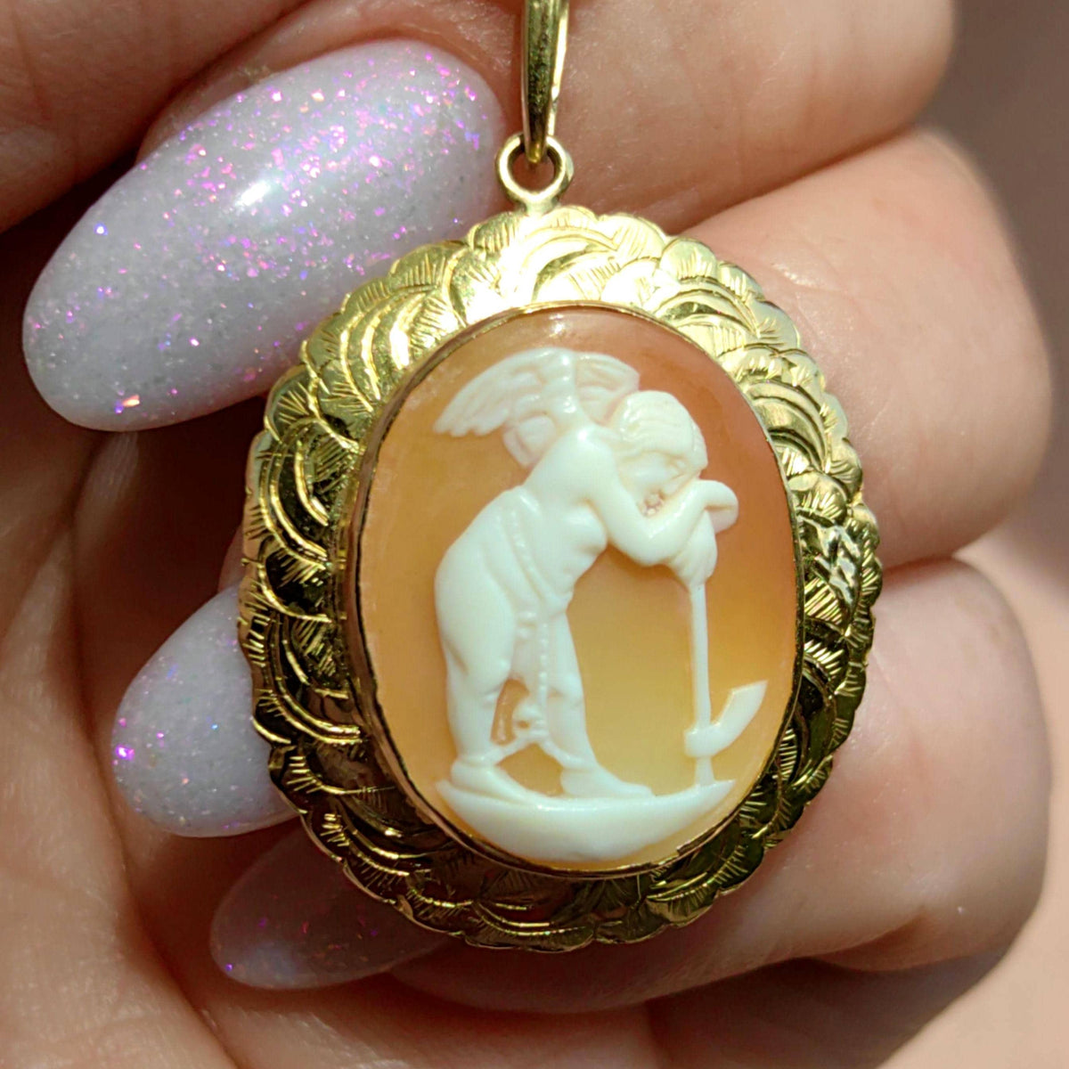 Victorian 18k Gold Shell Cameo Brooch Pendant: Angel, Hope & Faith