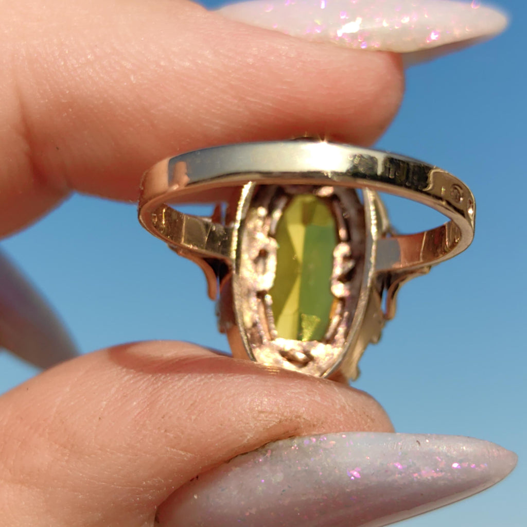 Art Deco Citrine Statement Ring: 14k Yellow & Rose Gold, 1940s Vintage