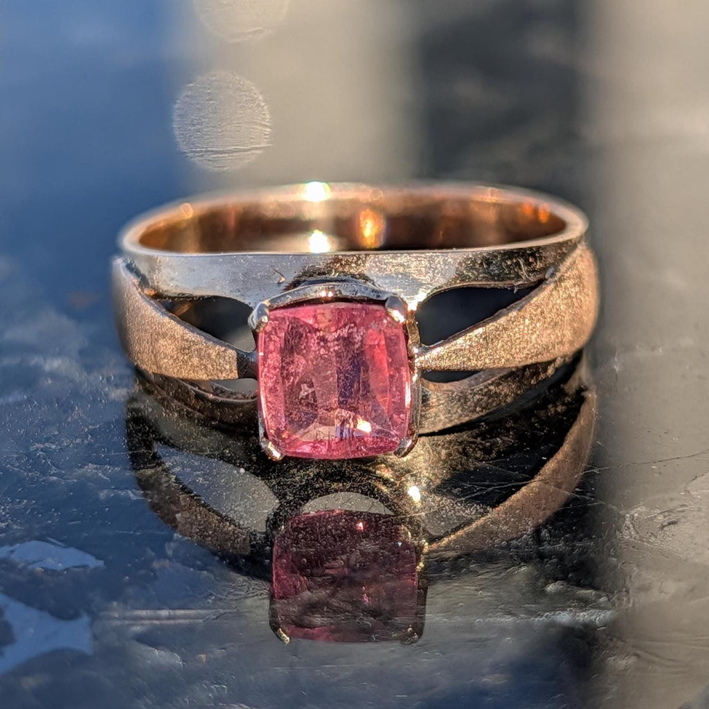 Vintage 1960s Natural Pink Tourmaline Ring 14k Solid Yellow Rose Gold Mid Century Statement Ring Size 9 US Free Resize Gift