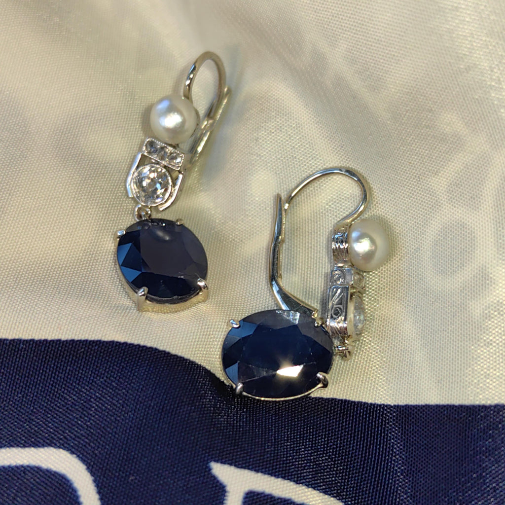 Art Deco Natural Sapphire Diamond Pearl Solid 18k White Gold Dangle Drop 1920s Antique Vintage Elegant Edwardian Earrings Gift for Her