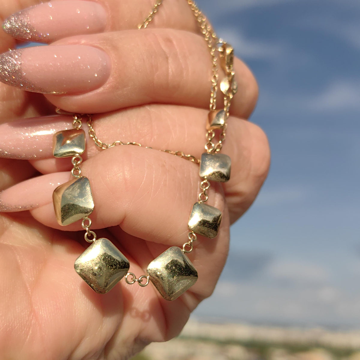 14k Solid Gold Square Link Chain Necklace: Handmade Vintage Unisex Design