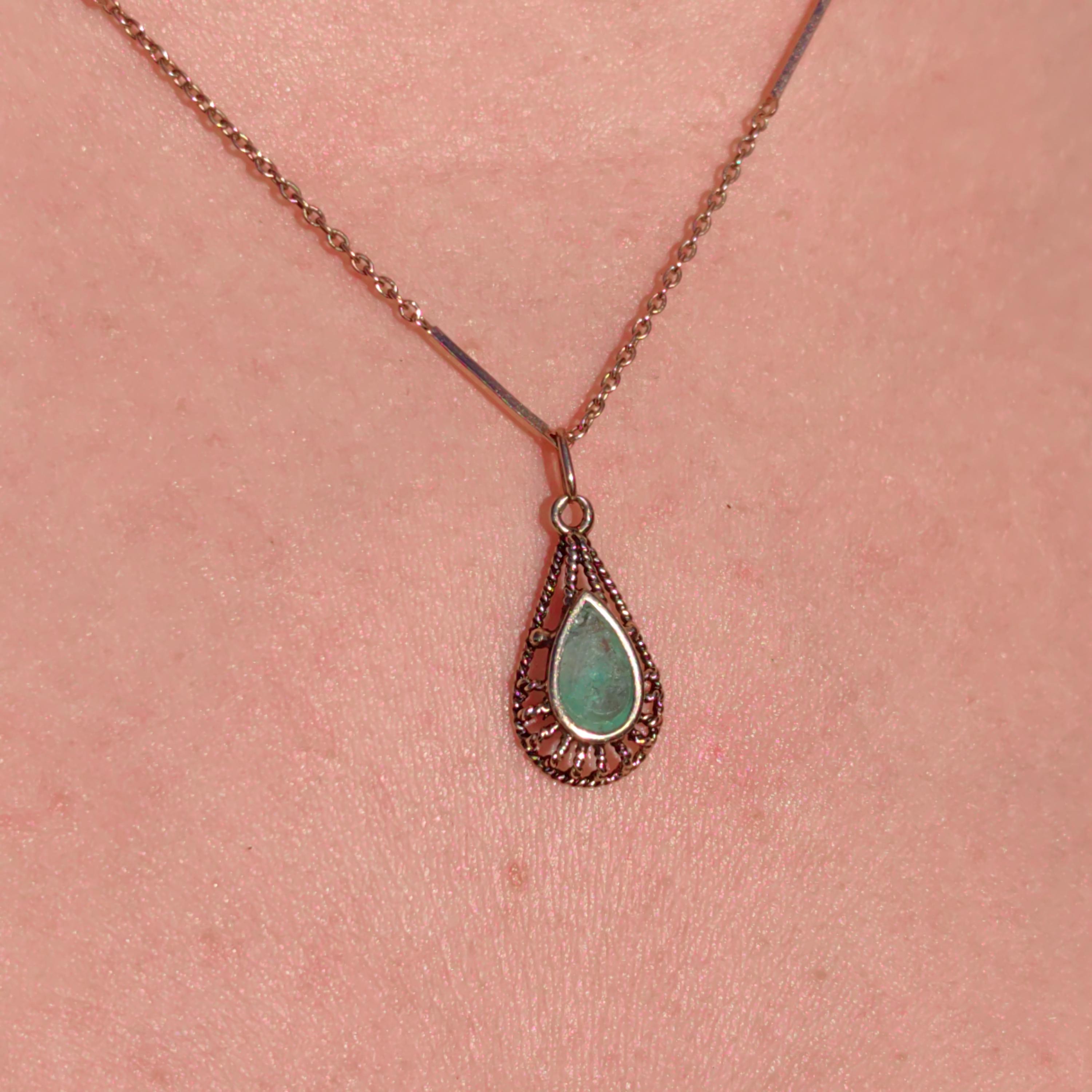 Art Deco Emerald Pendant: 14k Yellow Gold Filigree, Hand-Chiseled Floral Charm