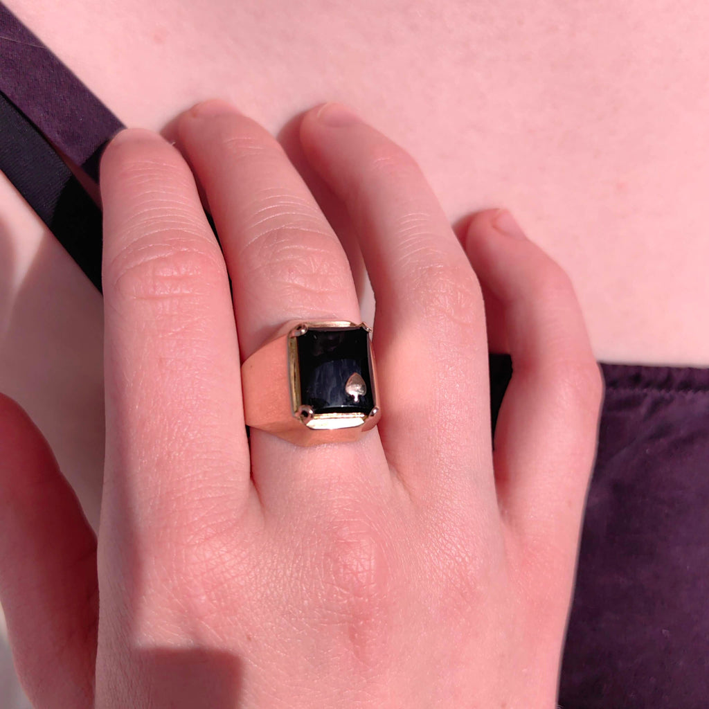 Art Deco 14k Gold Onyx Ring: Vintage Spade Statement Ring
