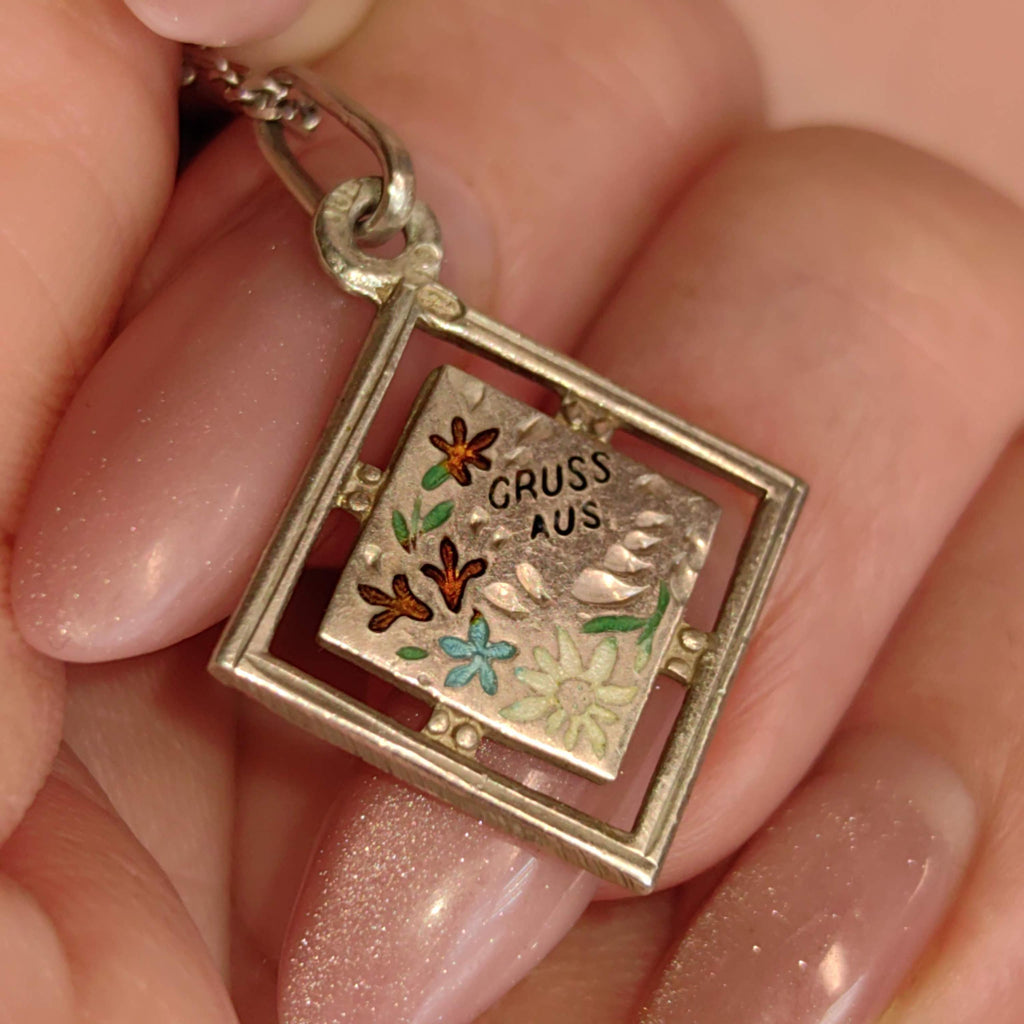 Art Nouveau Antique Vintage 1900s Silver Fire Enamel Floral Flower Gruss Aus hand painted Miniature Pendant