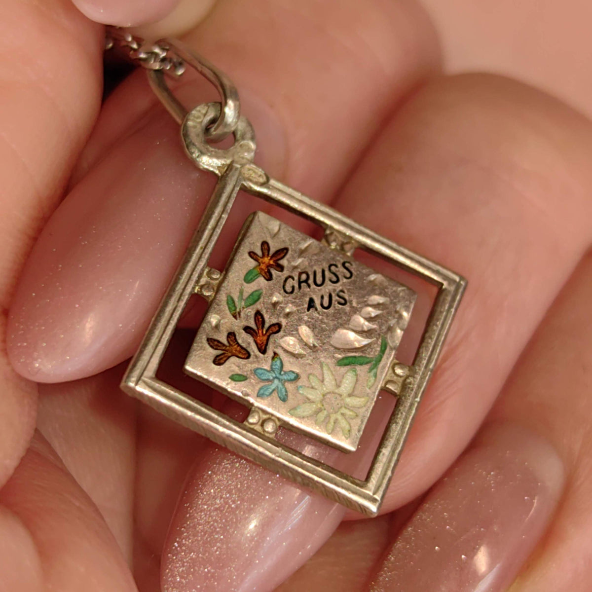 Art Nouveau Antique Vintage 1900s Silver Fire Enamel Floral Flower Gruss Aus hand painted Miniature Pendant