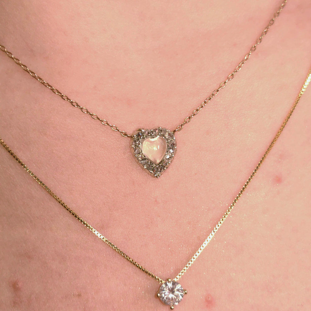 Victorian Diamond Moonstone Heart Pendant 14k Solid Yellow Gold with Chain Vintage Dainty wedding Elegant Love Jewelry Valentines Gift