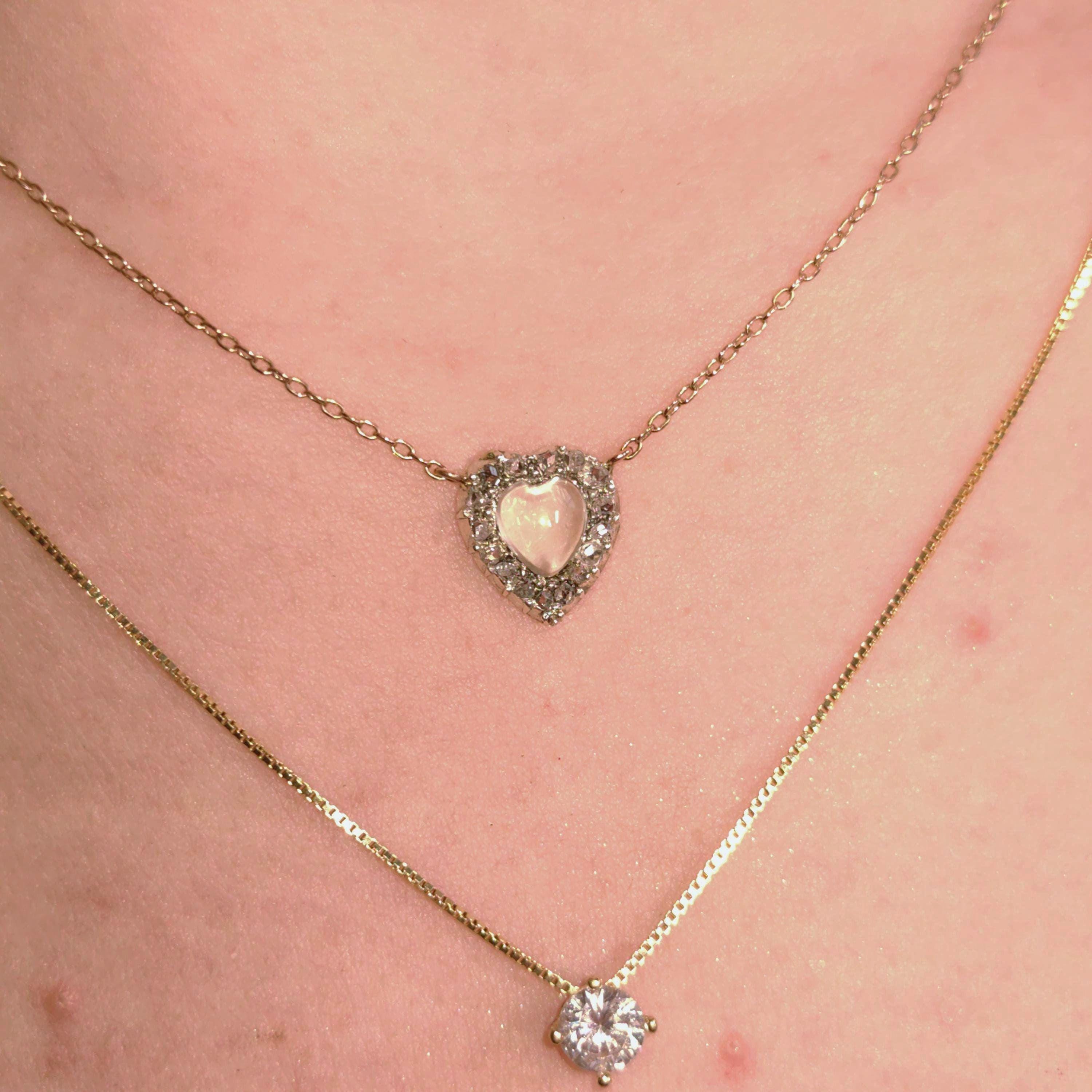 Victorian Diamond Moonstone Heart Pendant 14k Solid Yellow Gold with Chain Vintage Dainty wedding Elegant Love Jewelry Valentines Gift