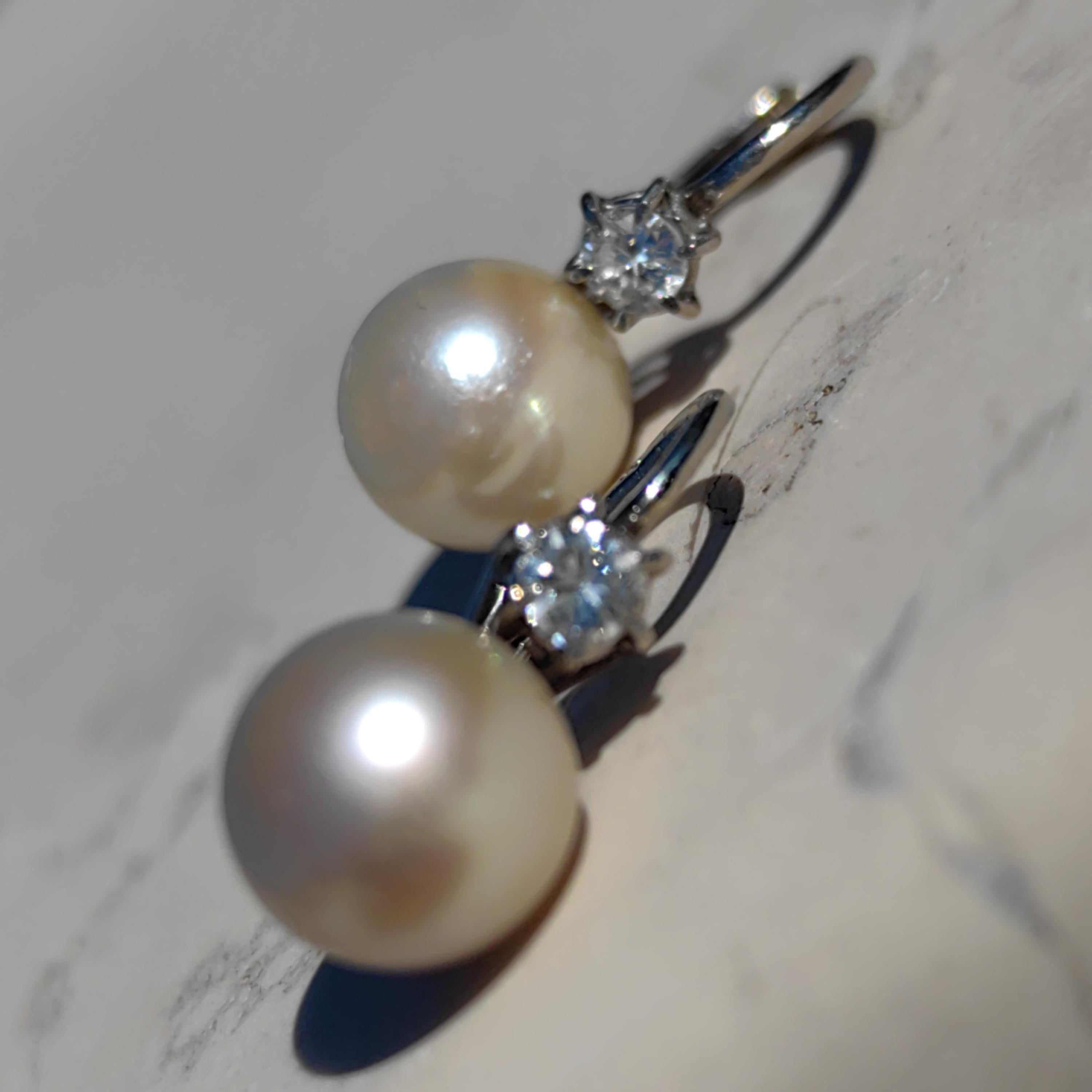 Diamond  Pearl 18k Solid White Gold Mid Century 1950s Antique Vintage Sleepers Lever Back Closure Elegant Earrings Gift for her