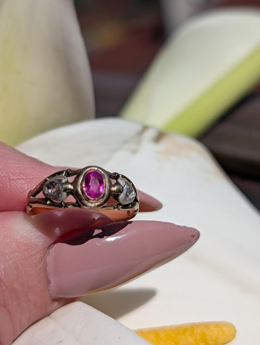 Victorian Ruby Rose Cut Diamond Ring 14k Yellow Rose Champagne Gold Silver, Antique 1890s Gypsy Alliance Band Engagement Gift for Her