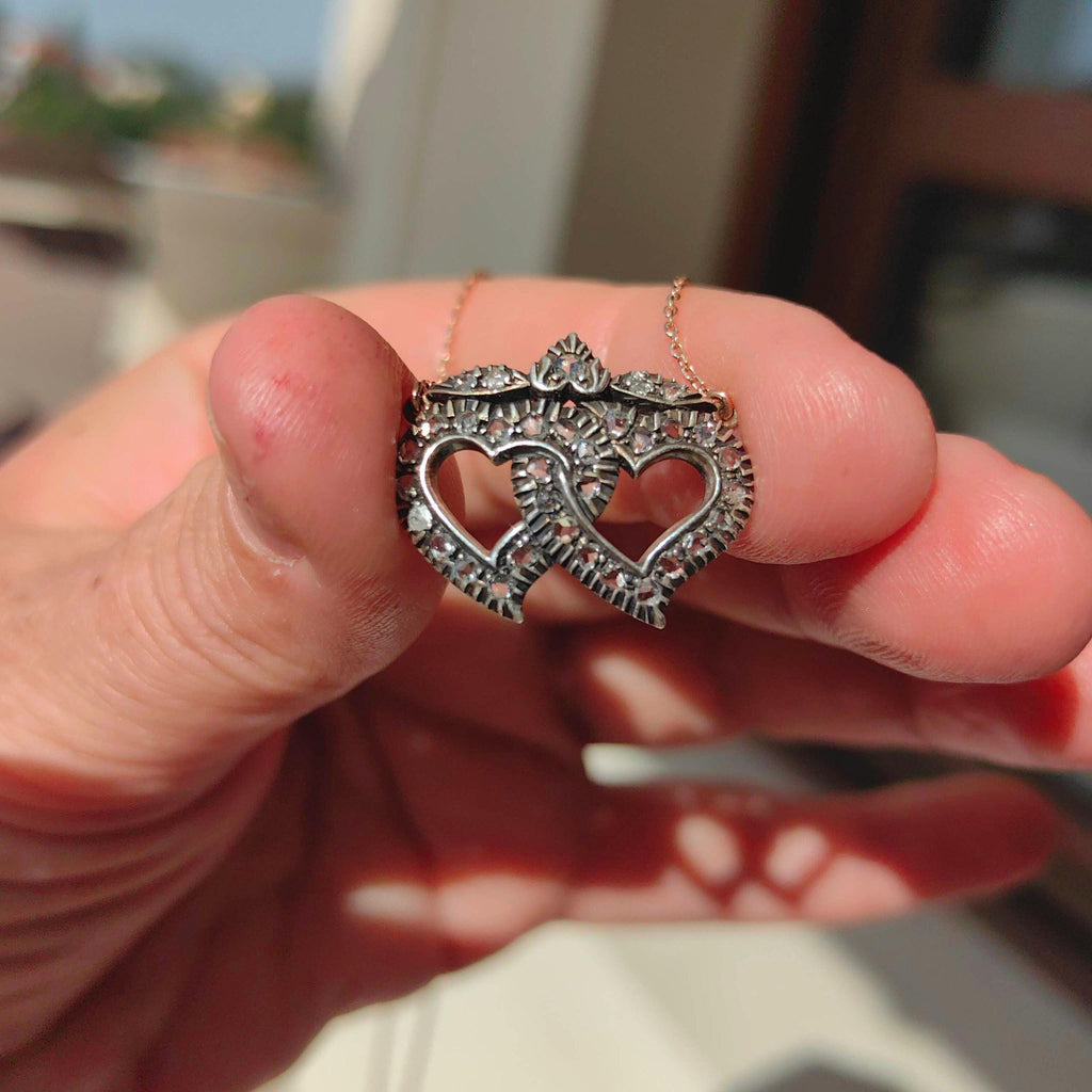 Antique Rose cut Natural Diamond Heart Shaped Love Romantic Pendant Necklace  14k Solid Yellow Gold & Silver Elegant Necklace