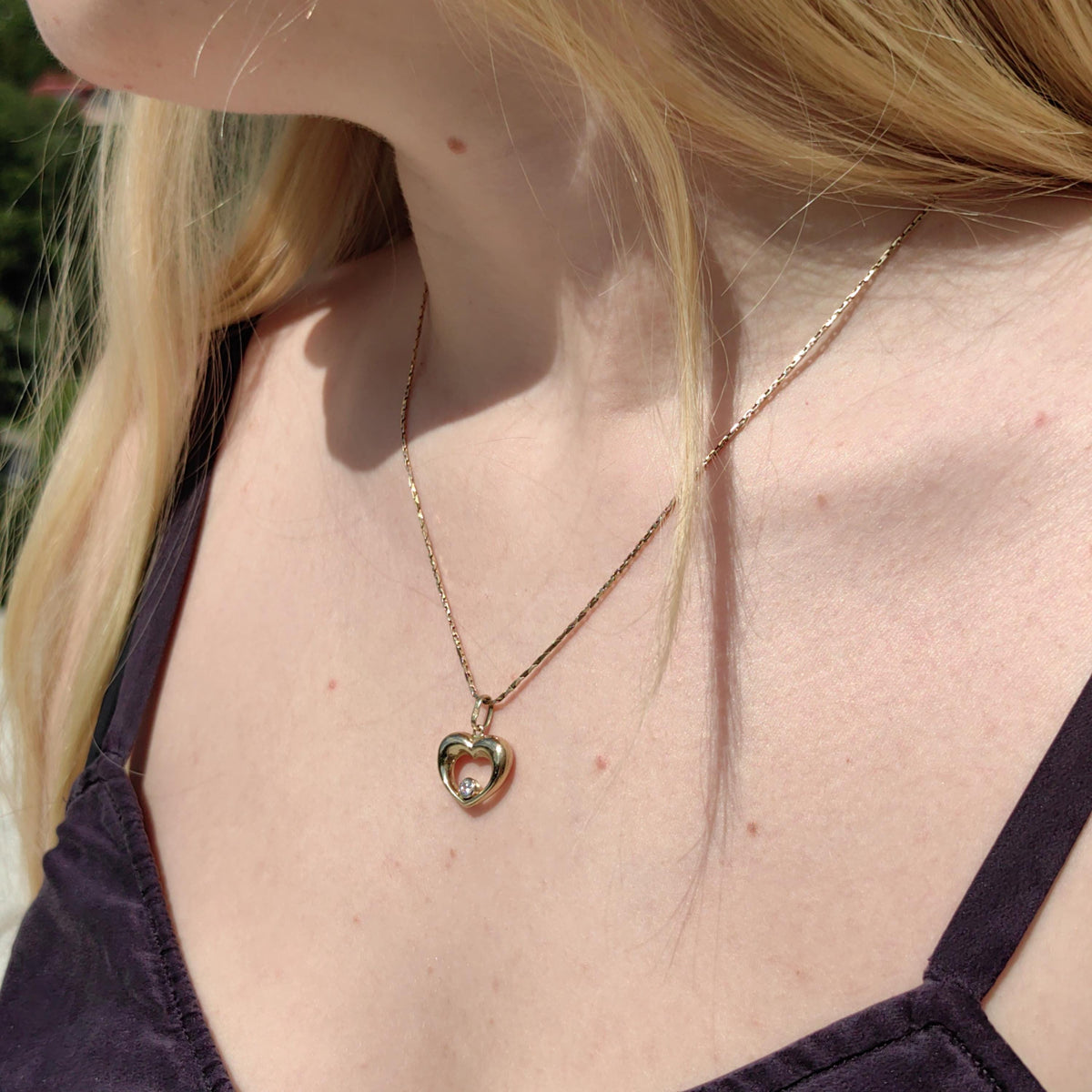 14k Solid Hallmarked Yellow Gold Heart Shaped Love Charm Pendant Cubic Zirconia Vintage Necklace Elegant Dainty Gift for Her