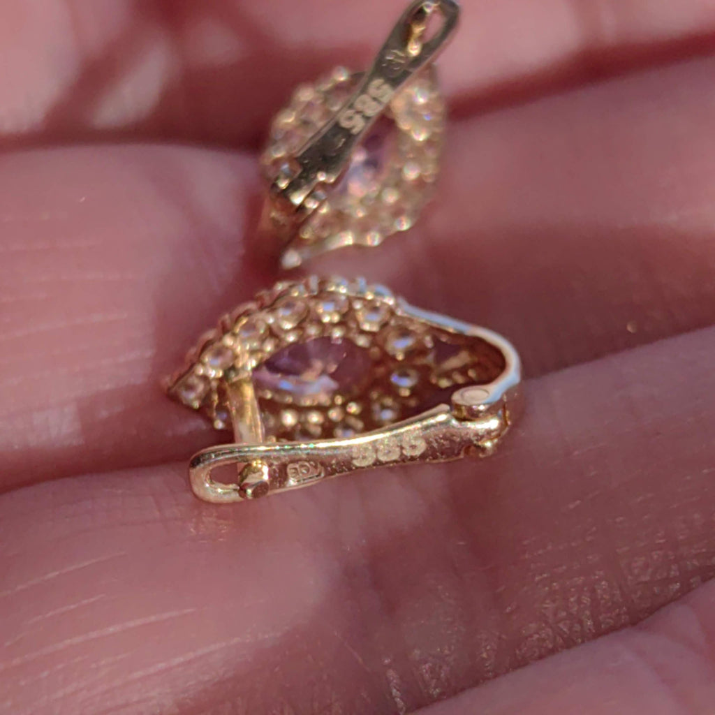 Vintage Solid Yellow Gold cubic zirconia Pink Stone Drop Floral cluster omega closure Earrings Gift for Her