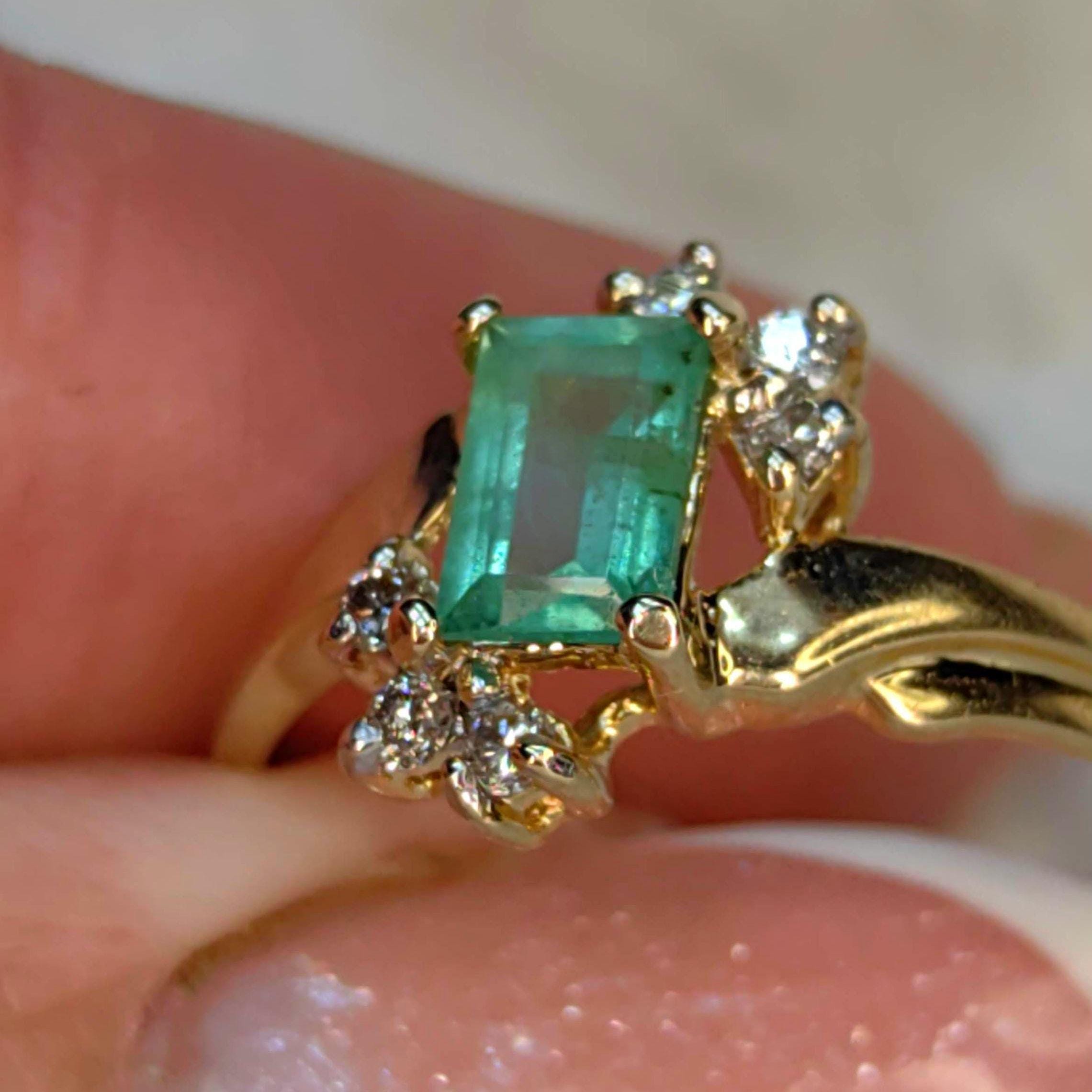 Vintage Square Green Natural Emerald Diamond 14k Solid Yellow Gold Antique Engagement Ring Dainty Stackable Band Gift for Her