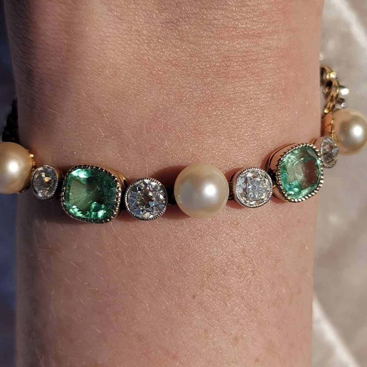 Victorian 18k Gold Bracelet: Antique Diamond, Emerald & Pearl Art Nouveau Jewelry