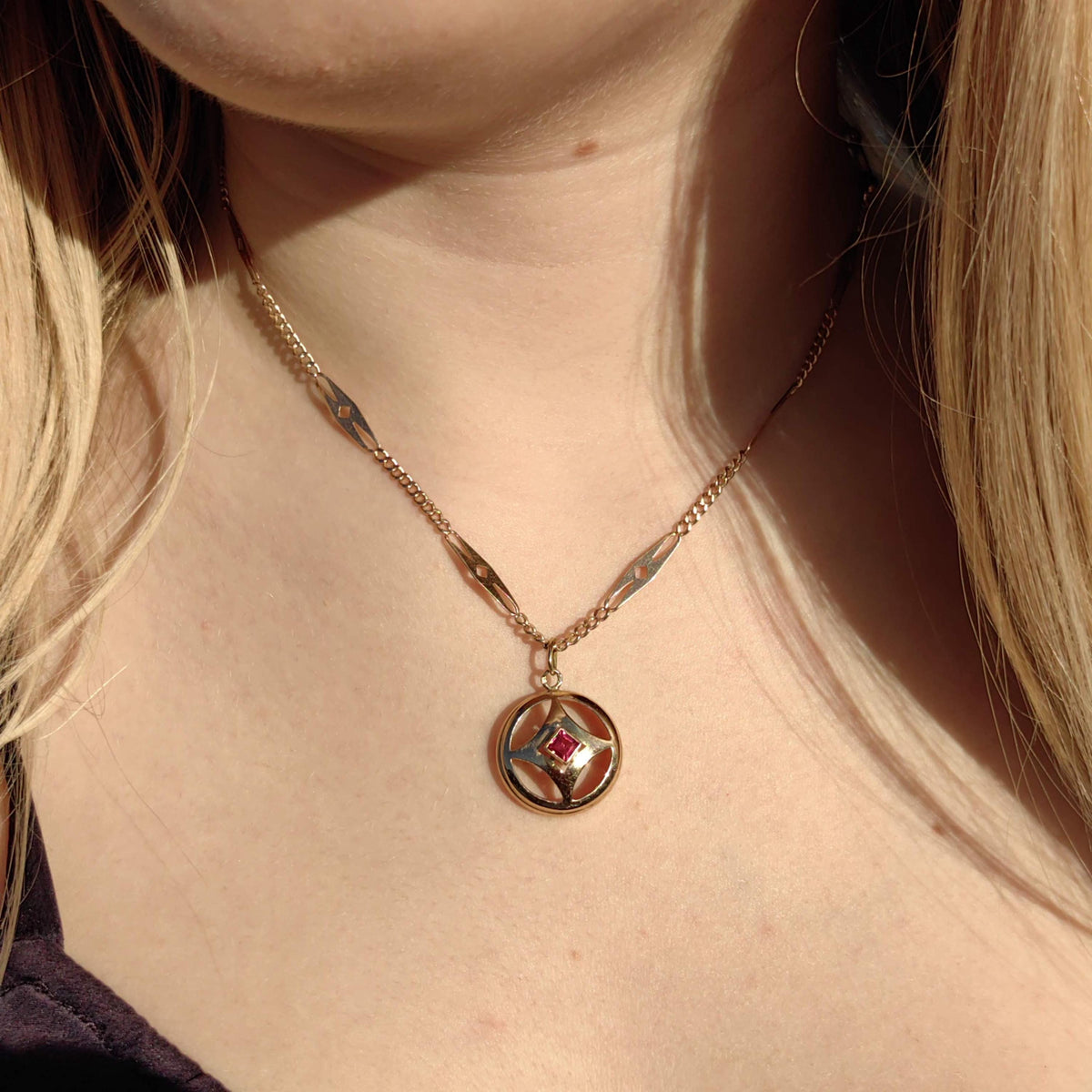 1900s Art Nouveau 14k Solid Yellow Rose Champagne Gold Pendant Lab Grown Ruby Liberty Style Elegant Medallion Gift for Her Present
