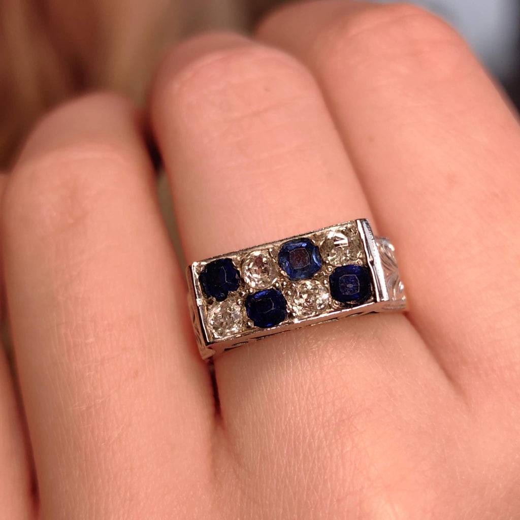 1930s Art Deco 14k Gold Diamond & Sapphire Elegant Chevalier Sports Ring Large Statement  Unisex Signet Ring Gift Present