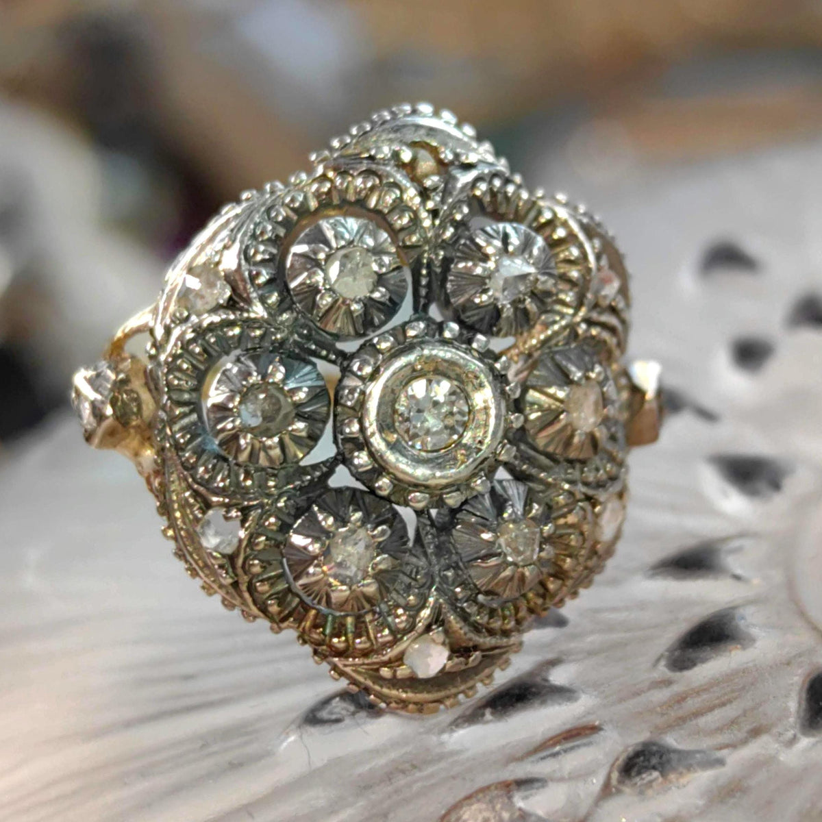 Antique Art Deco 1920s natural Old European Rose Diamond Engagement Ring 18k Solid yellow Gold Silver Setting Floral Statement Ring Gift