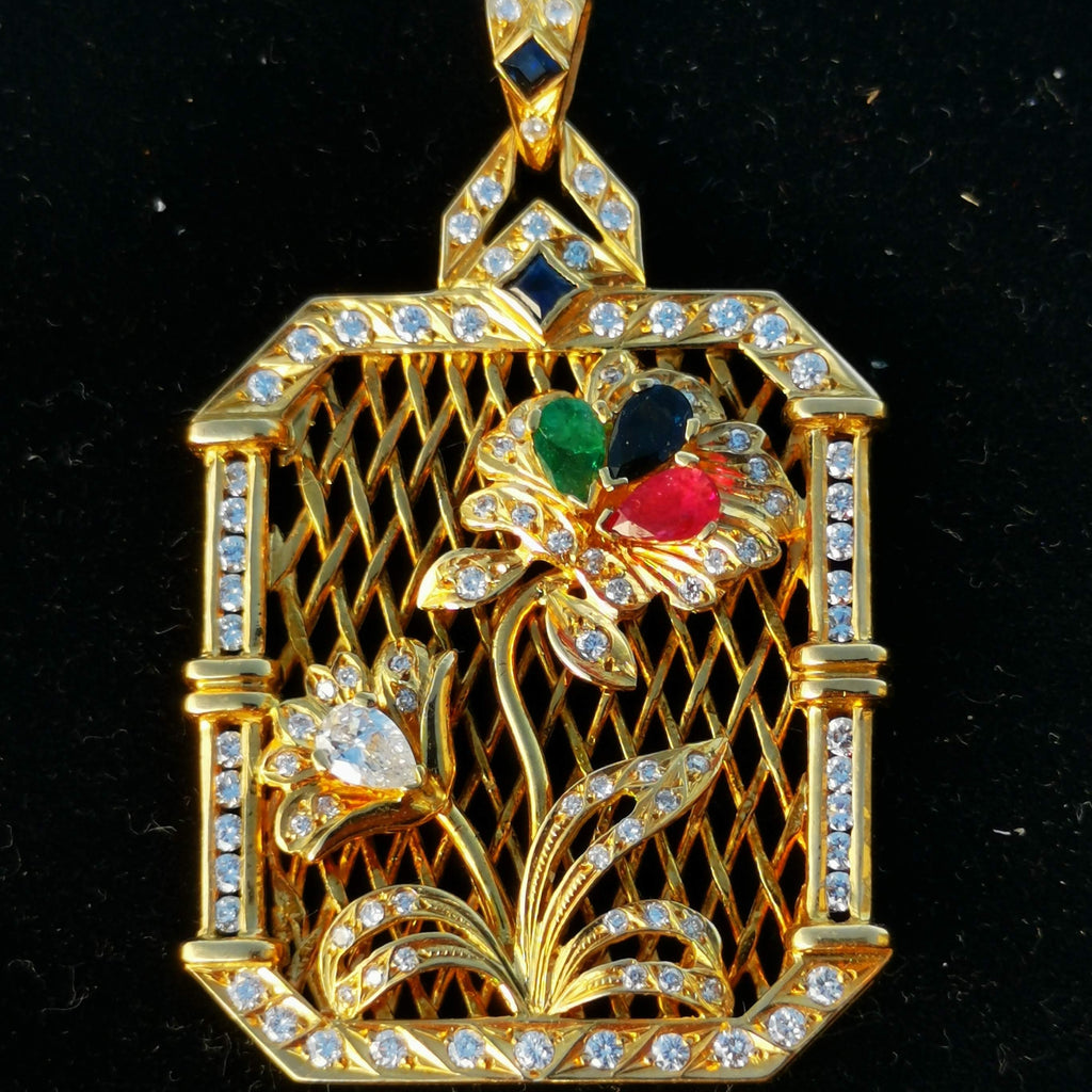 Art Deco 18k Gold Diamond Tutti Frutti Pendant: Emerald, Ruby, Sapphire