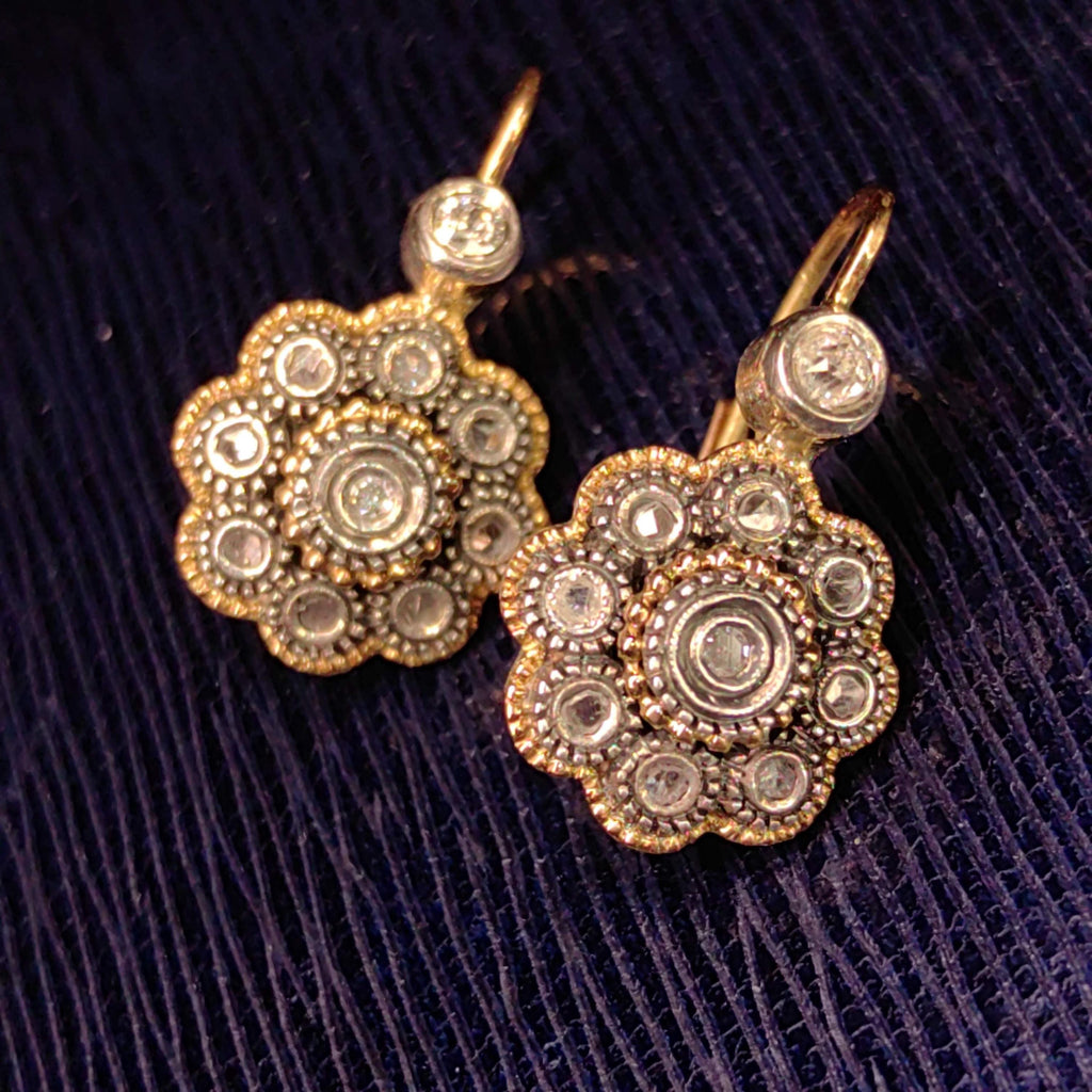 Art Deco 1920s Antique Vintage Natural Diamond in Silver Setting 14k Solid Yellow Rose Gold Statement Earrings
