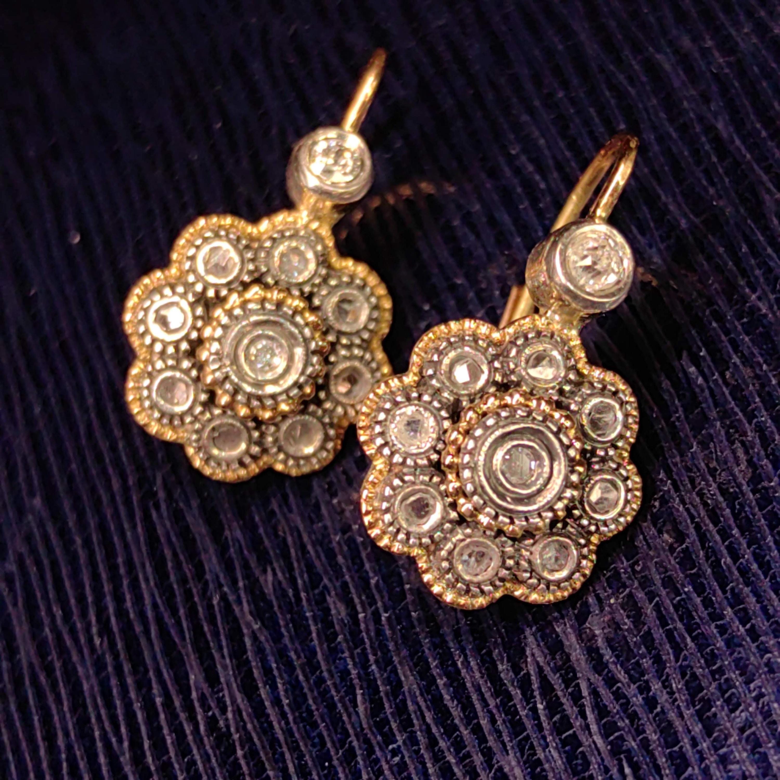 Art Deco 1920s Antique Vintage Natural Diamond in Silver Setting 14k Solid Yellow Rose Gold Statement Earrings