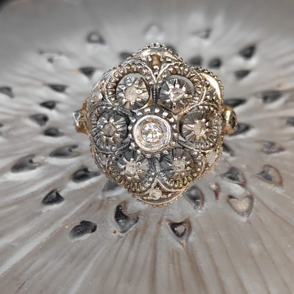 Antique Art Deco 1920s natural Old European Rose Diamond Engagement Ring 18k Solid yellow Gold Silver Setting Floral Statement Ring Gift