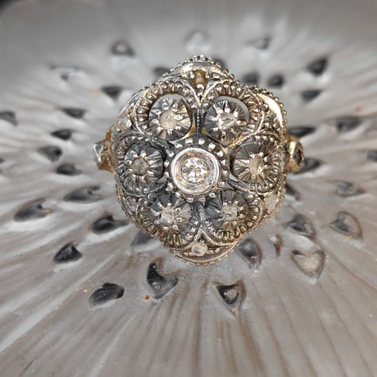 Antique Art Deco 1920s natural Old European Rose Diamond Engagement Ring 18k Solid yellow Gold Silver Setting Floral Statement Ring Gift