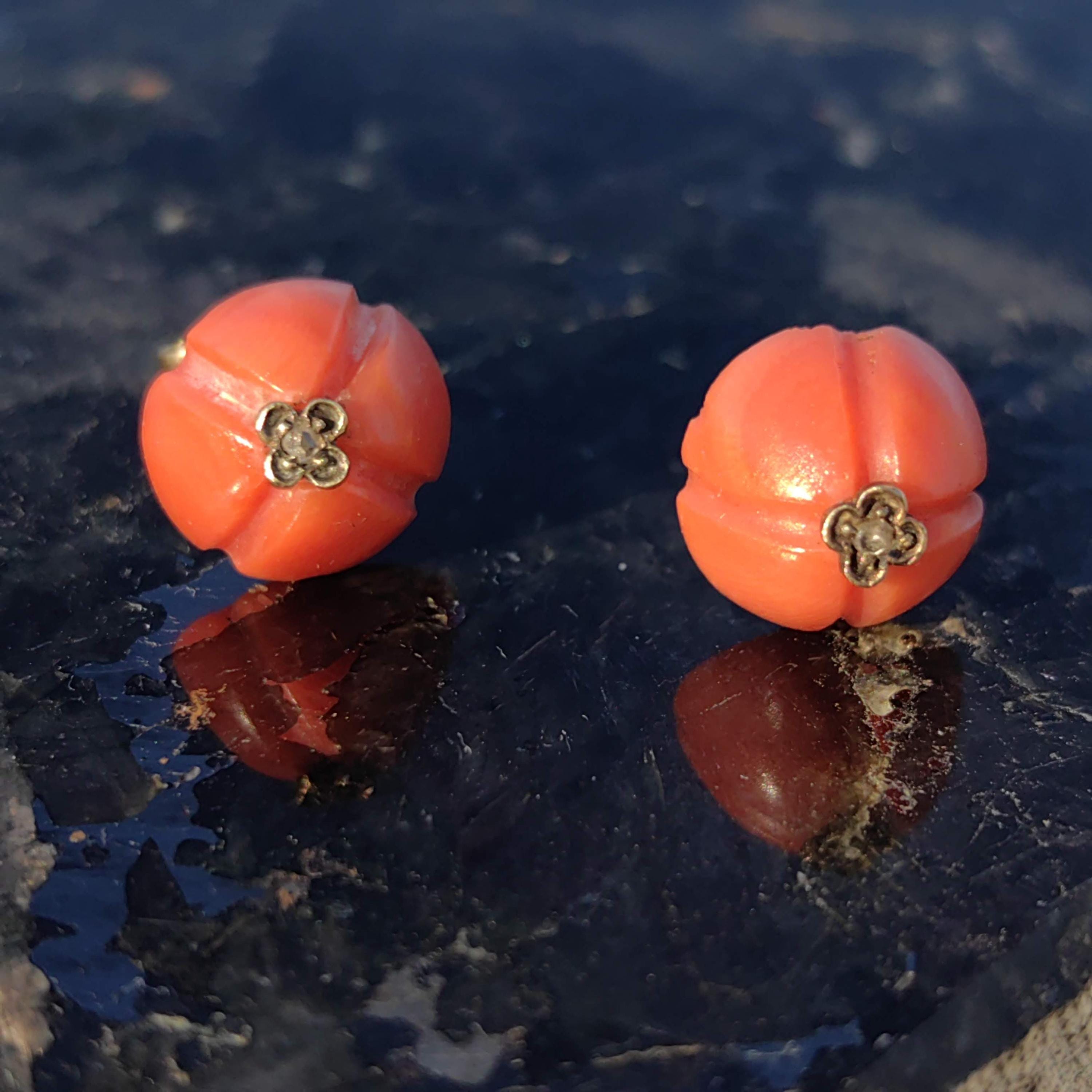 Victorian Coral Stud Earrings: Rose Diamond 18k Gold, Antique 1880s