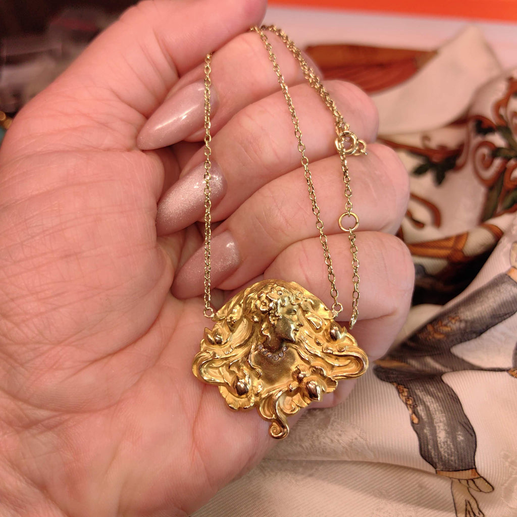 Antique Original Art Nouveau 14K Gold Lady Pendant Necklace French Belle Époque Woman Relief Repoussé Medallion c1900 Hallmarked