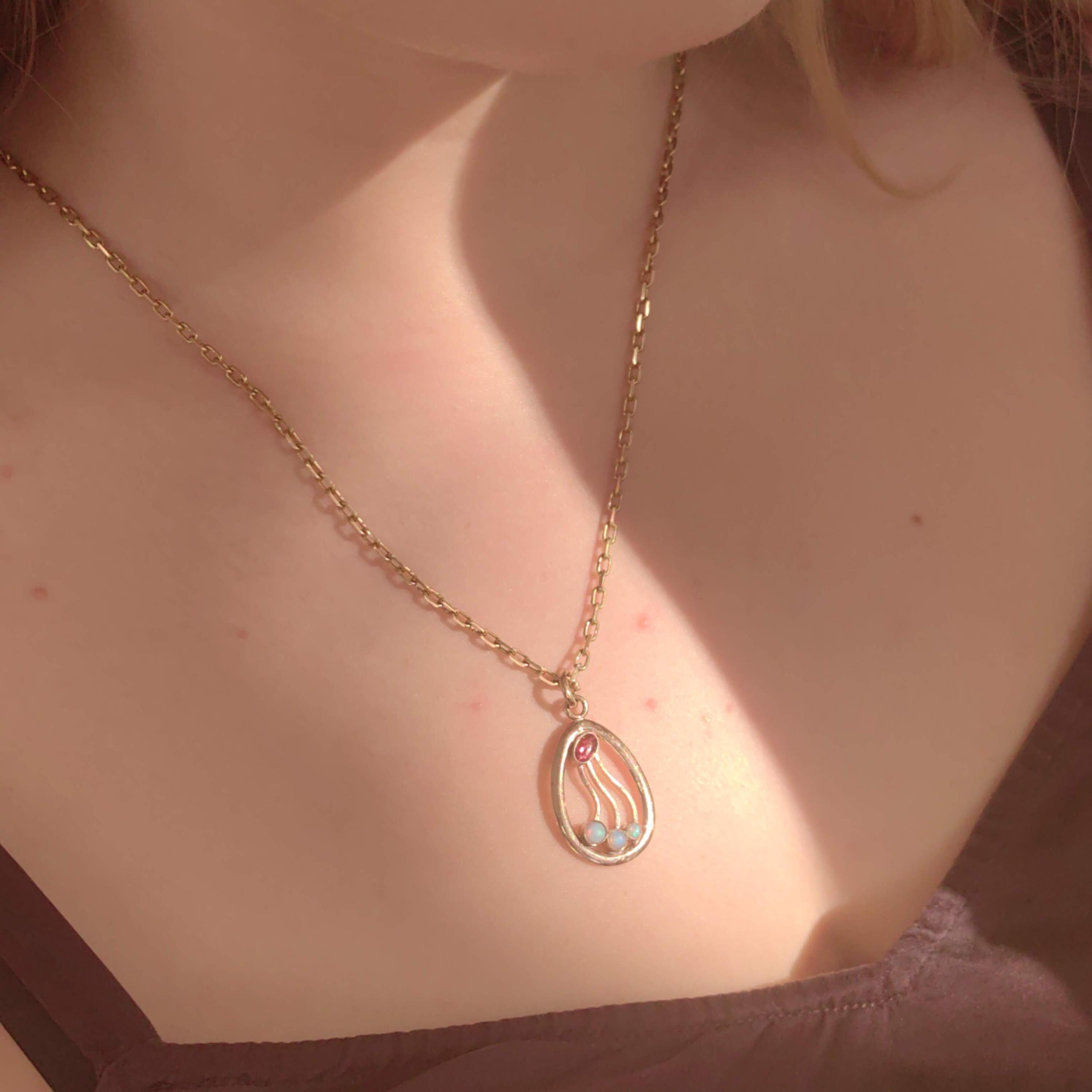 Vintage Opal Gold-Filled Metal Floral Flower Pendant 1900s Art Nouveau Elegant dainty Ruby Charm Necklace Medal Pendant Gift for Her Present