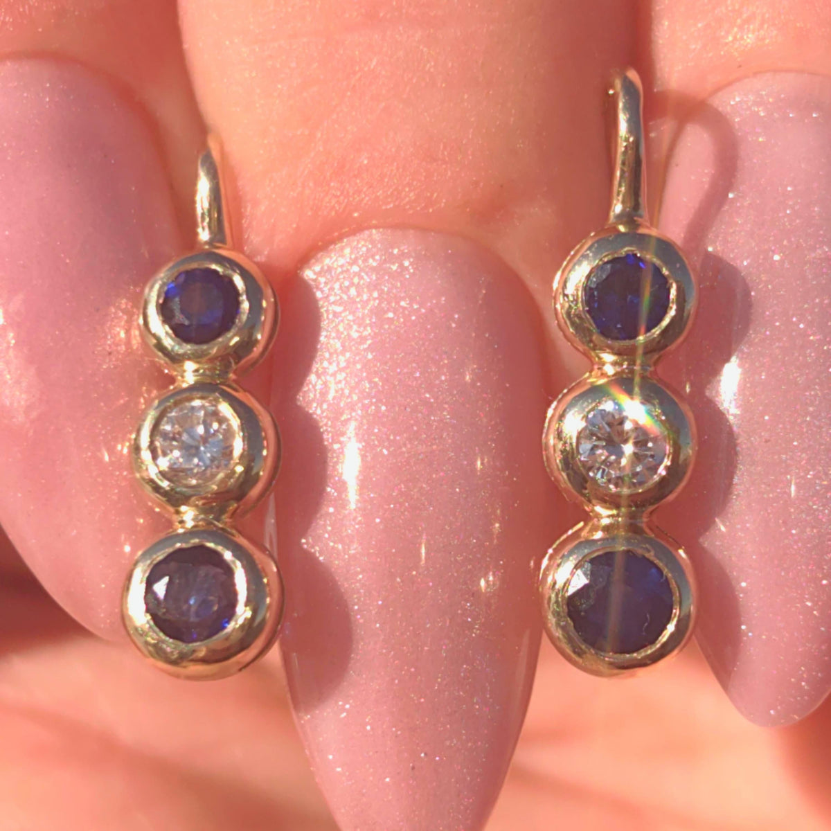 Vintage 14k Gold Sapphire Diamond Lever Back Earrings – Elegant Dainty Dormeuses