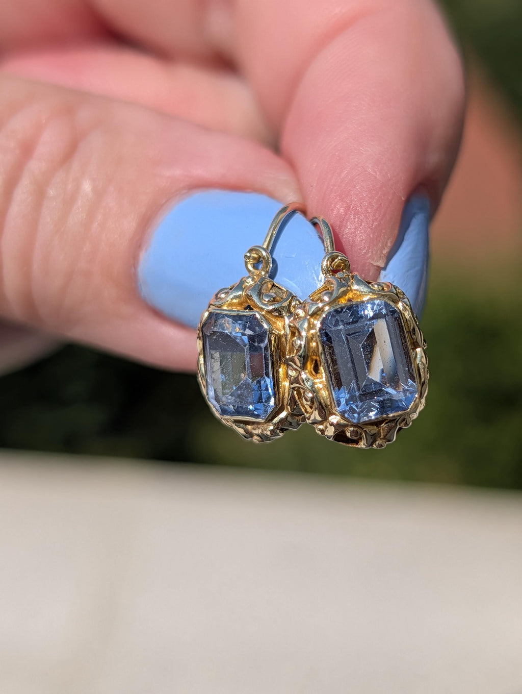 1940s Late Art Deco Aquamarine 14k Yellow Gold Earrings, Antique Vintage Dangle Statement Earrings, Gift for Her