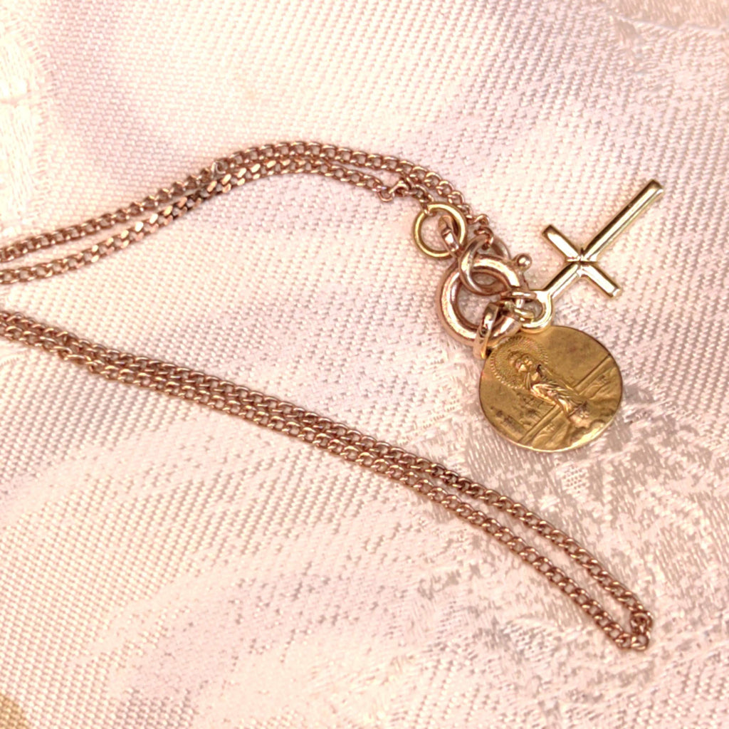 1900s Art Nouveau 14k Solid Yellow Rose Champagne Gold Chain Bracelet Madonna Virgin Mary Cross Christian Catholic Antique Vintage Charm
