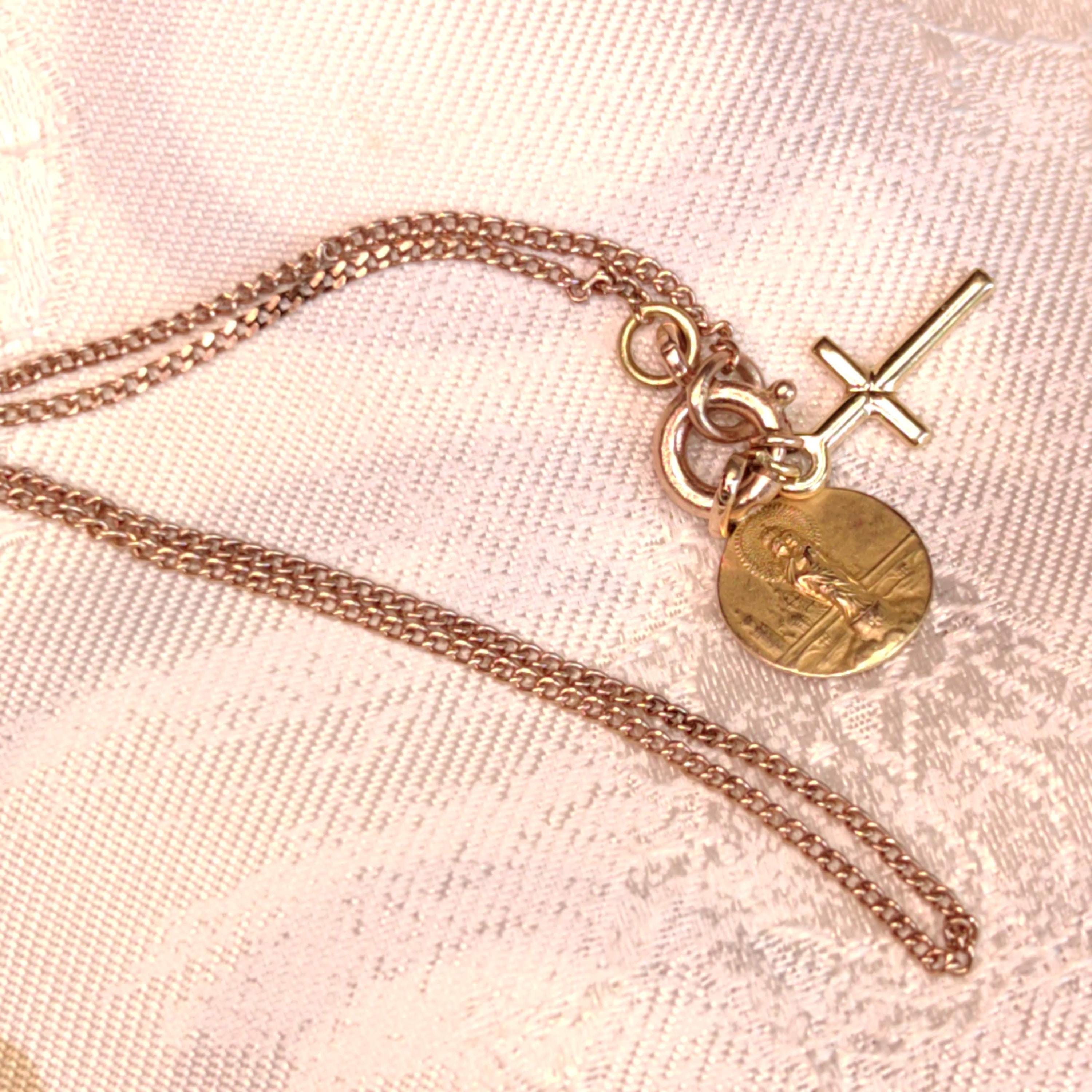 1900s Art Nouveau 14k Solid Yellow Rose Champagne Gold Chain Bracelet Madonna Virgin Mary Cross Christian Catholic Antique Vintage Charm
