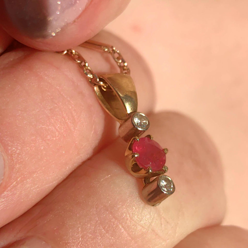 Ruby and Diamond Solid 14k Yellow Gold  Handmade Antique Vintage Pendant Charm