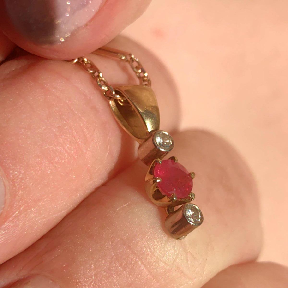 Ruby and Diamond Solid 14k Yellow Gold  Handmade Antique Vintage Pendant Charm