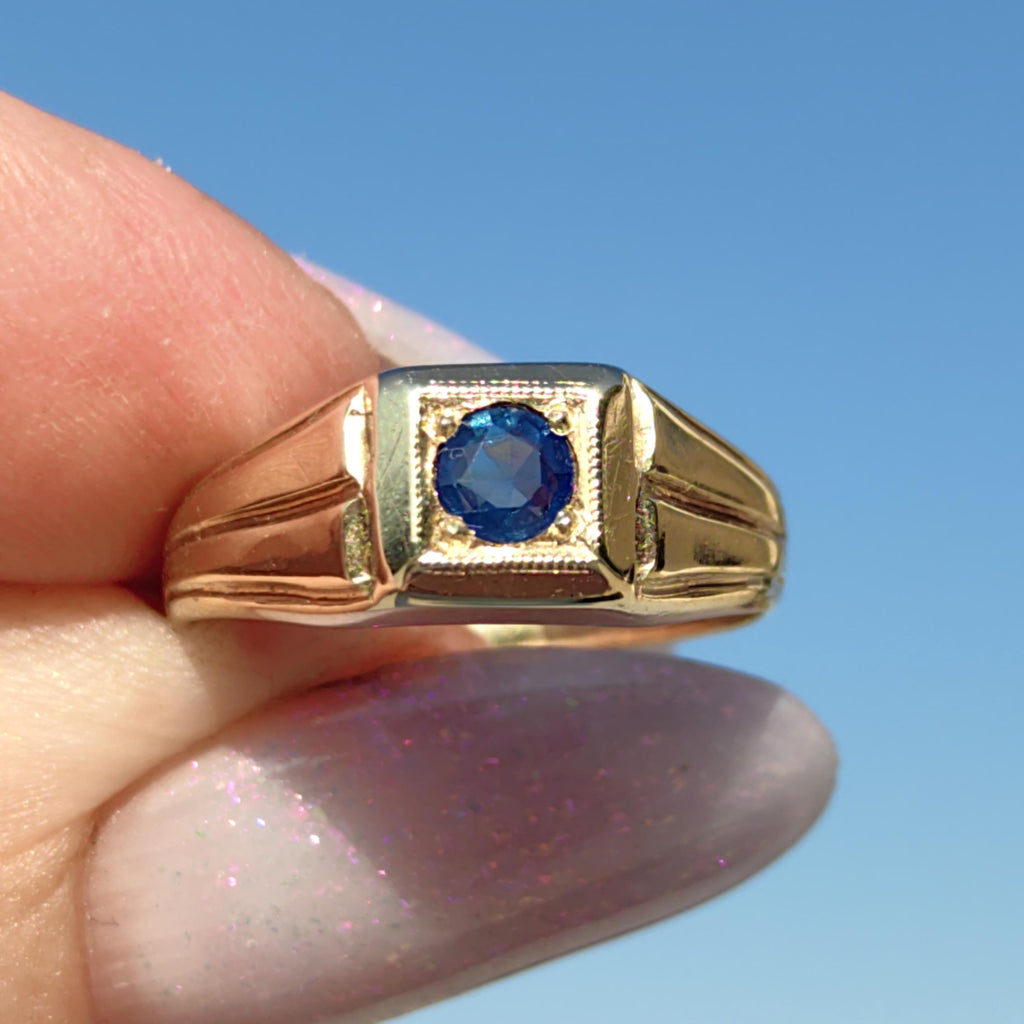 Art Deco Sapphire Ring: 14K Yellow Gold Geometric Engagement Ring
