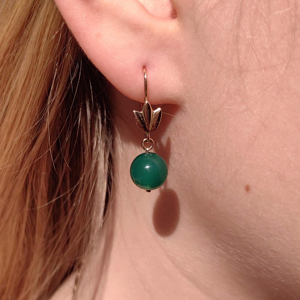 Green Chalcedony 14k Gold Earrings: Vintage 1950s Dormeuse Style
