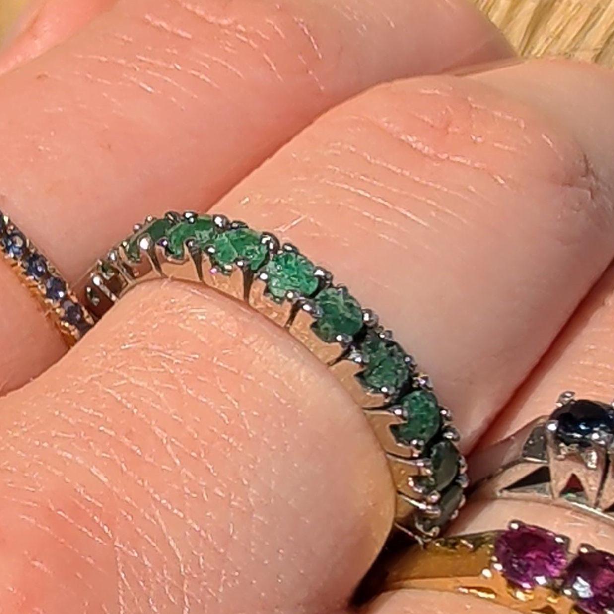Vintage Natural Emerald Eternity Setting18k Solid White Gold Ring  Stackable Green Engagement  Band Gift for Her Present