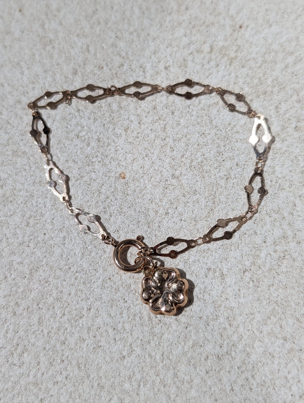 Art Nouveau Link Bracelet 14k Yellow Rose Gold Antique 1900s Four Leaf Clover Charm Bracelet Dainty Lucky Jewelry Gift HTS 9706 US duty free