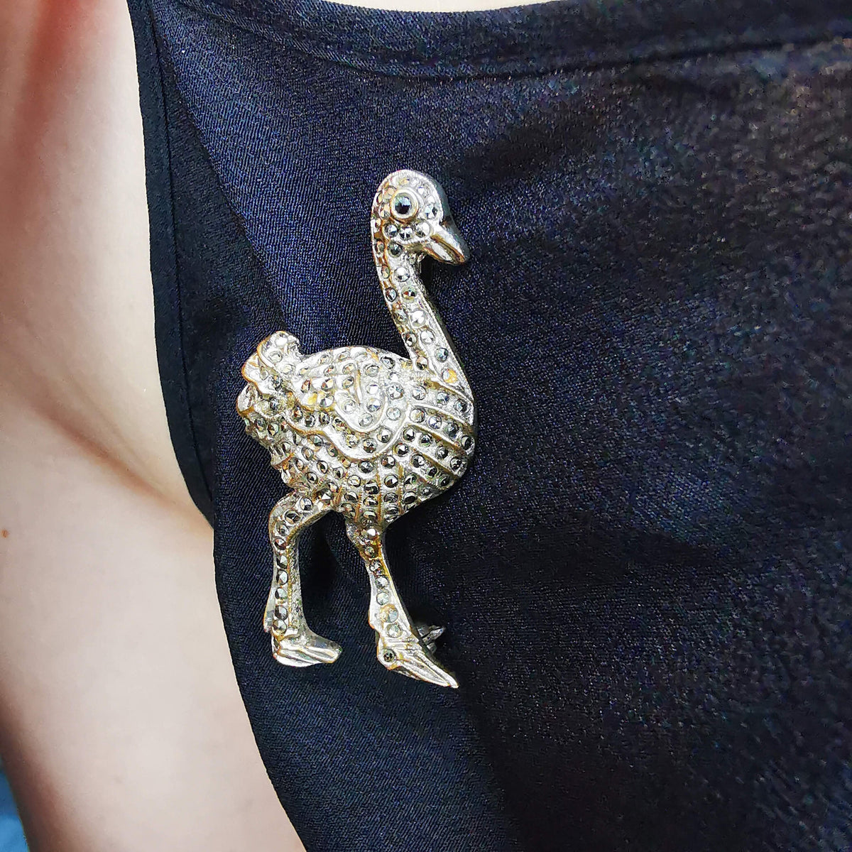 Antique 1920s Art Deco Ostrich Brooch, Natural Marcasite Gold-Plated Bird Pin, US Duty Free HTS 9706