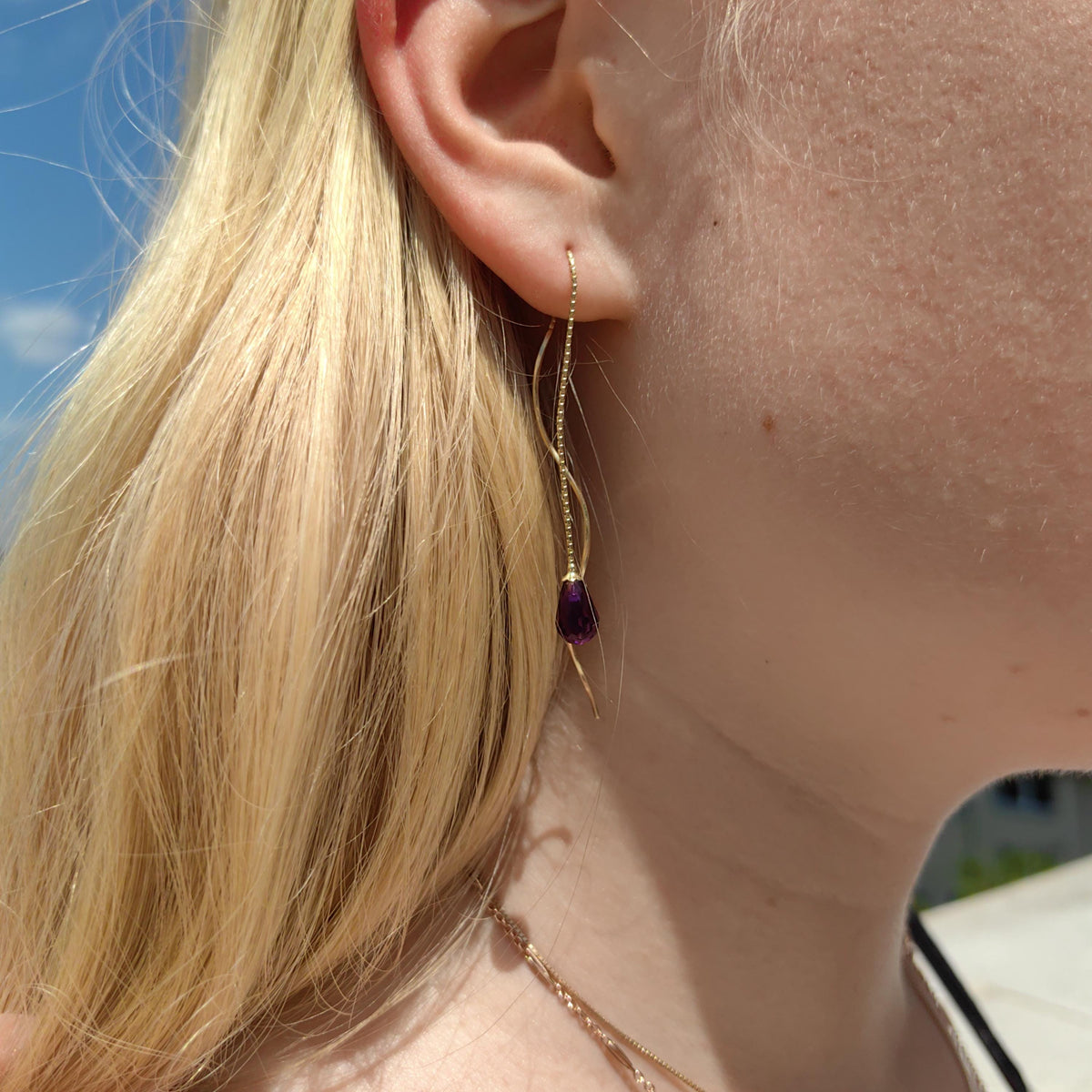 Natural Purple Amethyst Drop 14k Solid  Yellow Gold Dangle Elegant Long Statement Chain Earrings Gift for Her