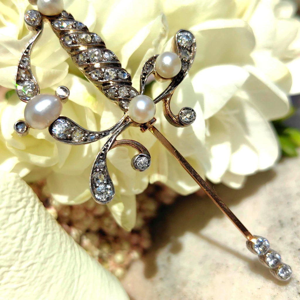 Antique Diamond Pearl Sword Brooch: 14k Gold Edwardian Pin