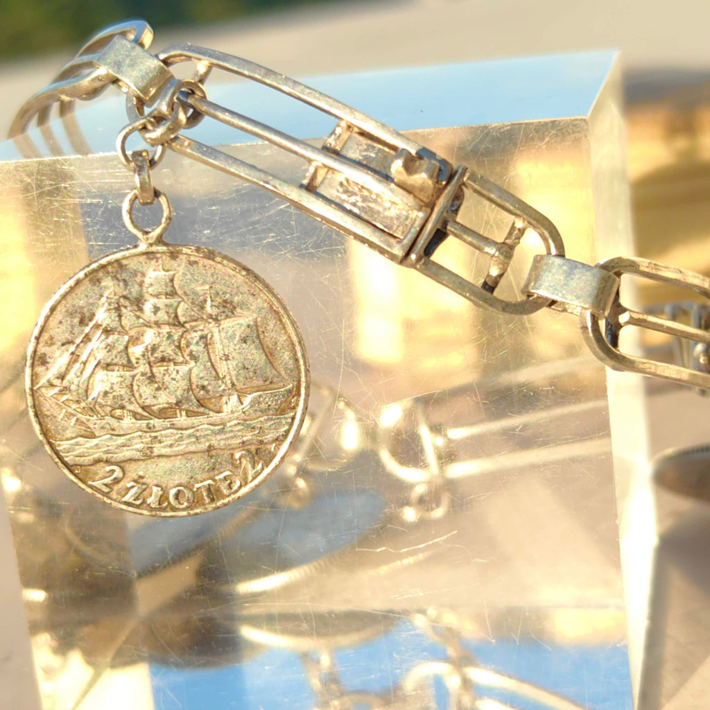 Vintage Sterling Silver Polish Ship Coin Charm Bracelet: Nautical Jewelry