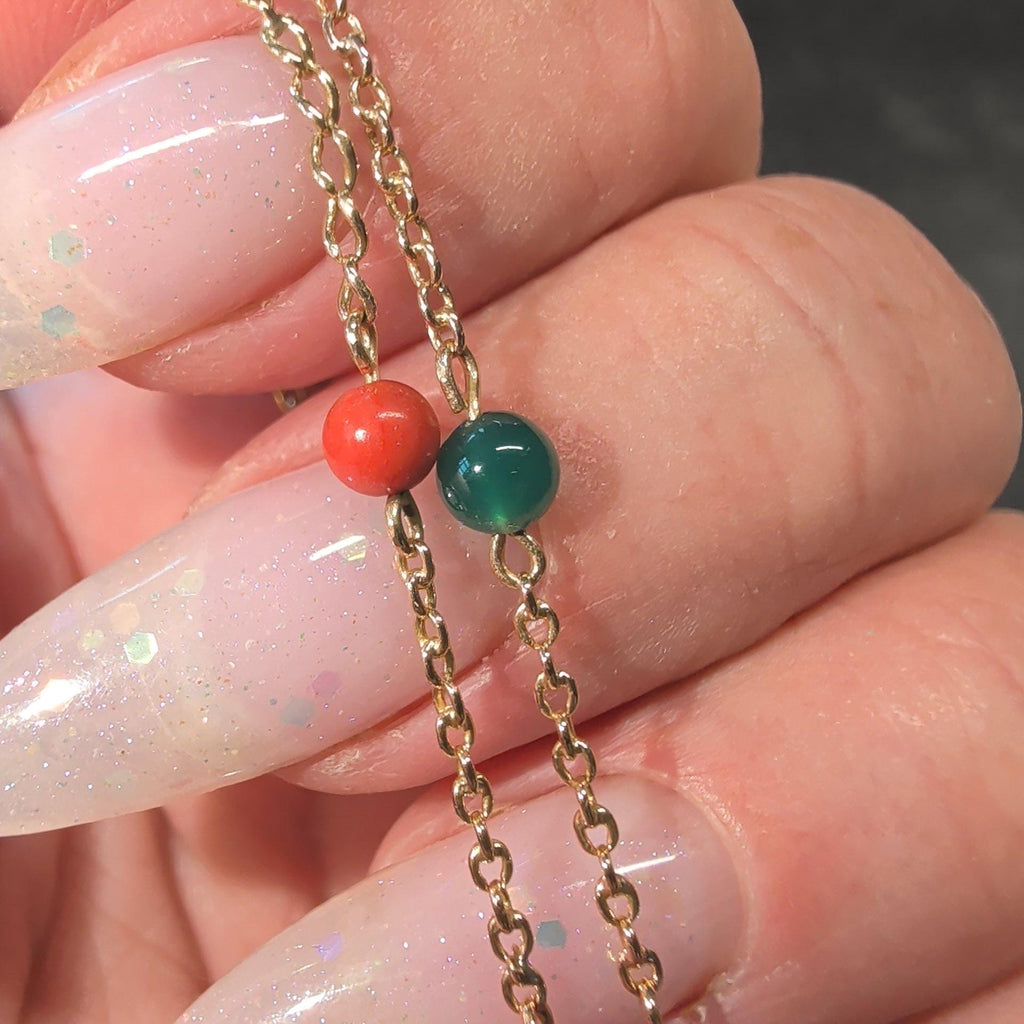 1900s Antique 18k Gold Coral Chrysoprase Beaded Chain Bracelet, 19 cm, 4mm Gemstone Beads, 3.90g Estate Jewelry Gift for Her