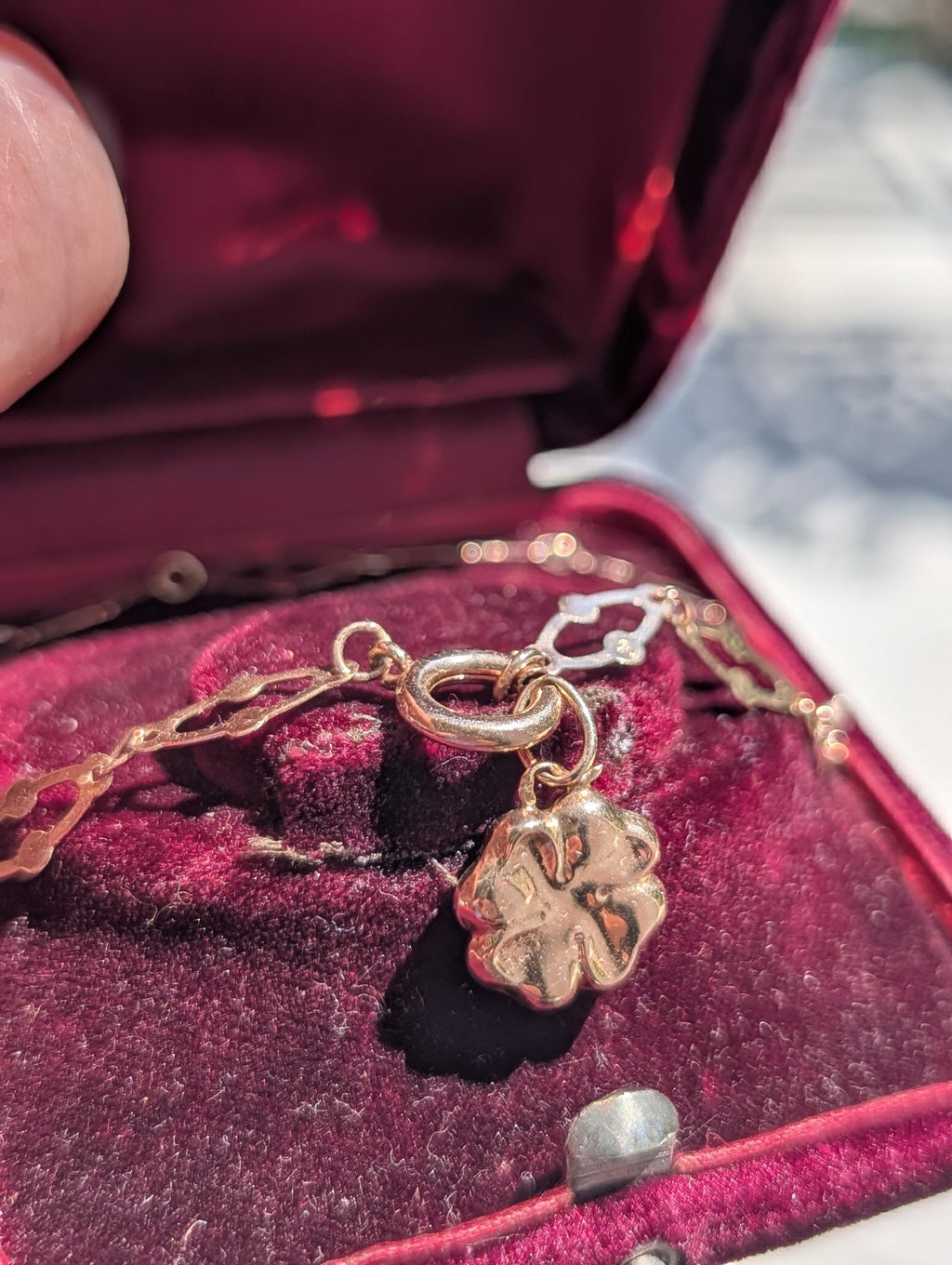 Art Nouveau Link Bracelet 14k Yellow Rose Gold Antique 1900s Four Leaf Clover Charm Bracelet Dainty Lucky Jewelry Gift HTS 9706 US duty free
