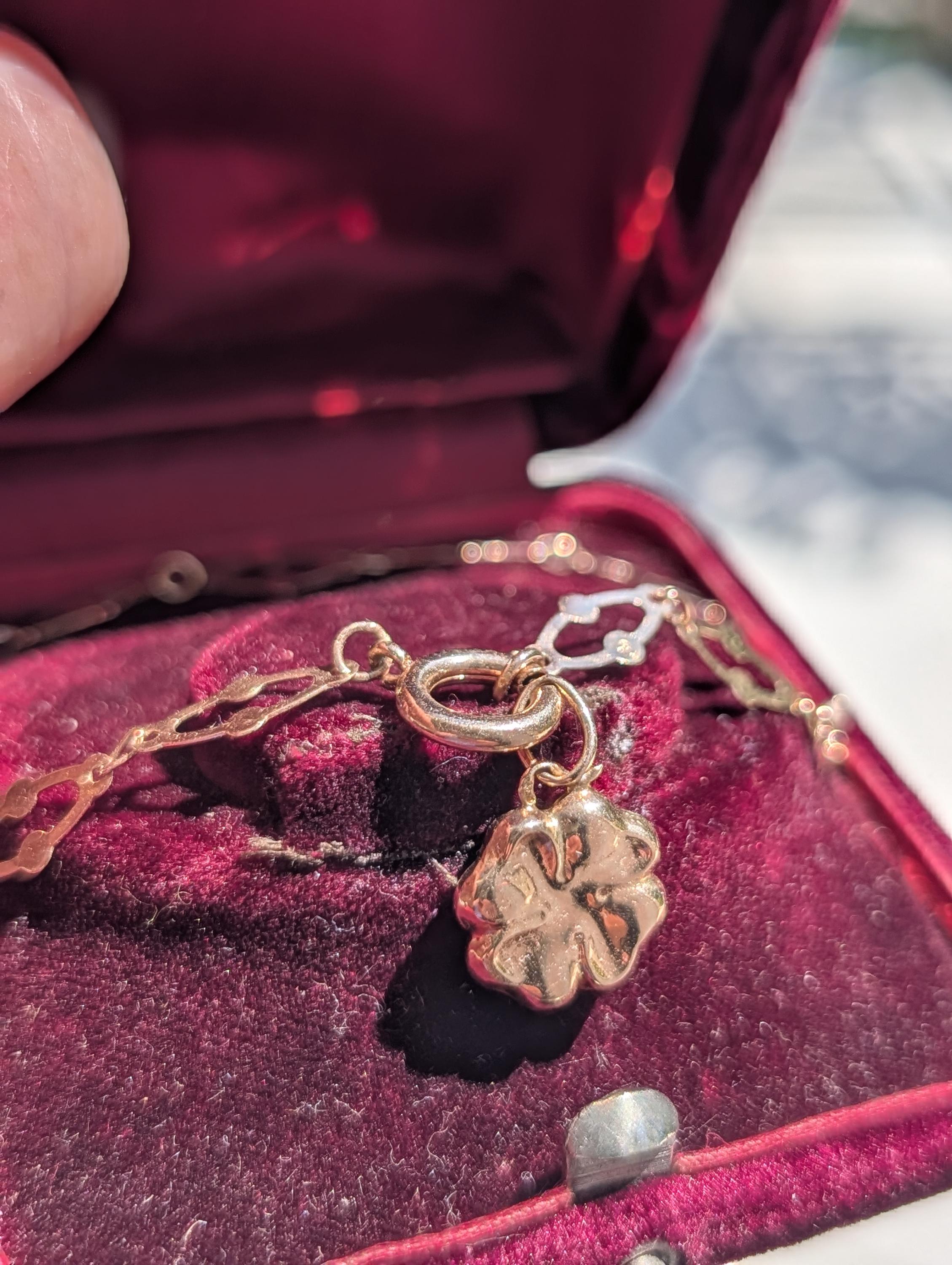 Art Nouveau Link Bracelet 14k Yellow Rose Gold Antique 1900s Four Leaf Clover Charm Bracelet Dainty Lucky Jewelry Gift HTS 9706 US duty free