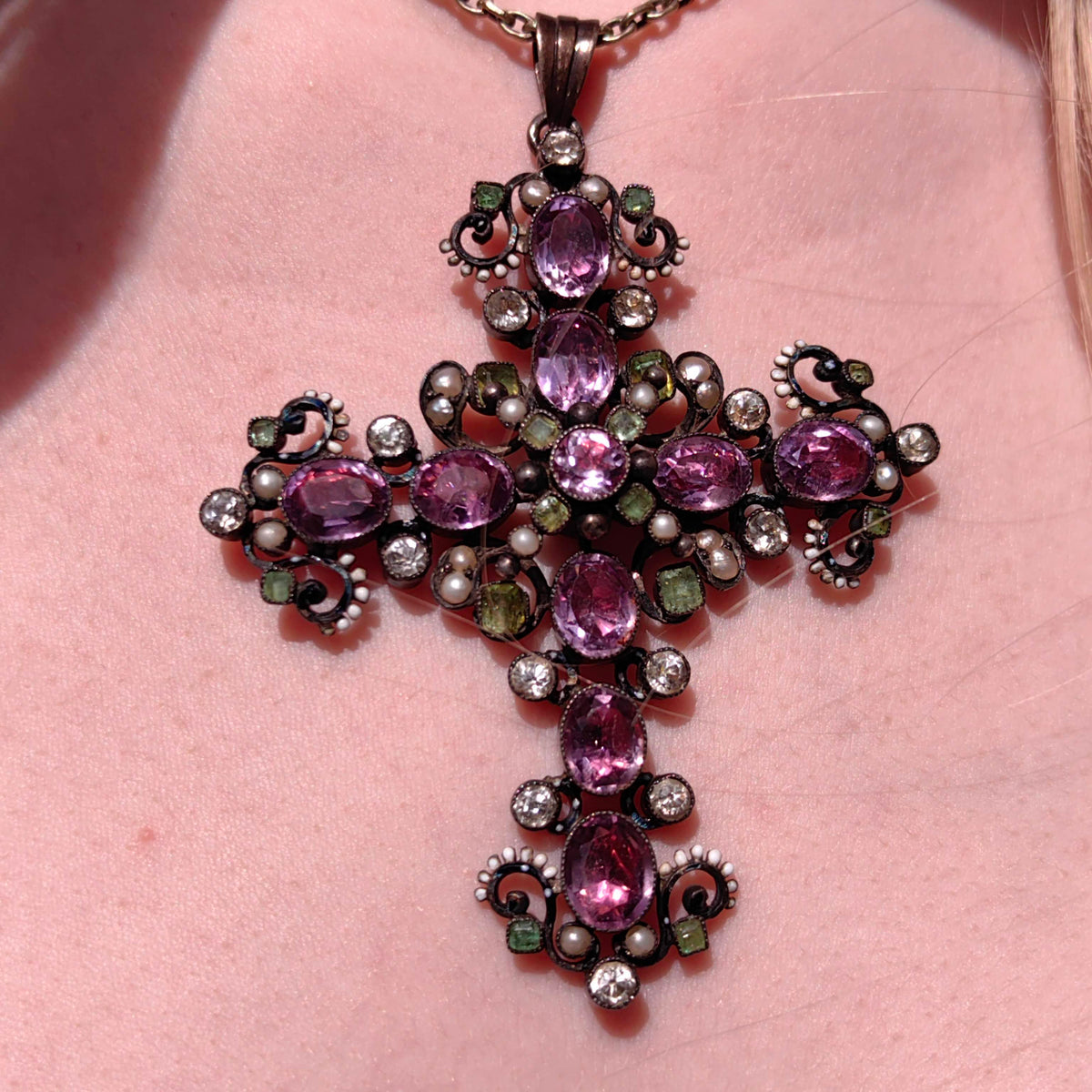 Baroque Antique natural Purple Amethyst Green Demantoid white Sapphire Silver Christian Latin Cross Large Statement Pendant