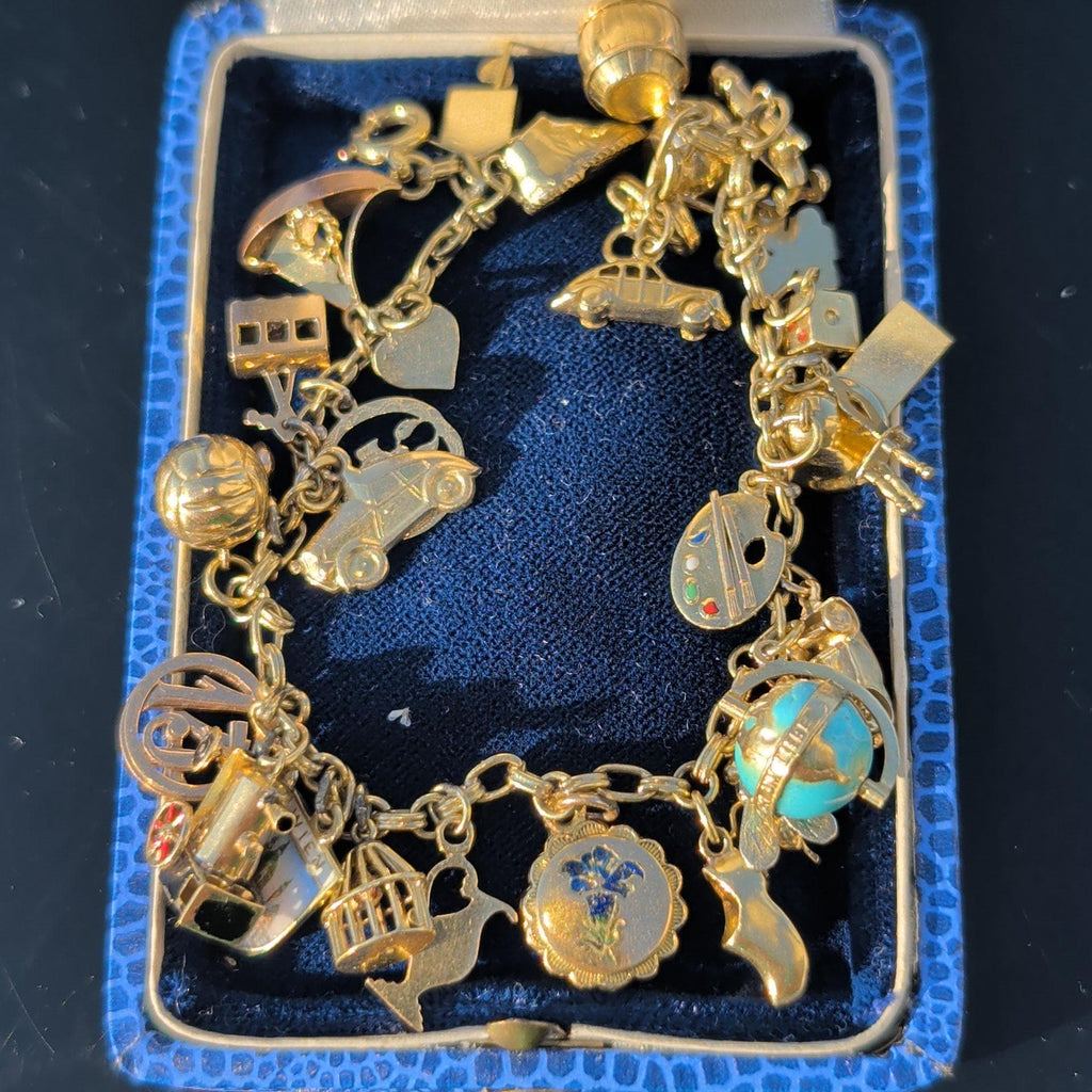 1920s Hallmarked 14k Gold Charm Bracelet, Whimsical Statement Antique Bracelet, 21 cm, 26.8g, Mixed Era Charms, Estate Gift