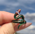 Solid 14k Yellow Gold Green Fire Enamel Snake Shape Gold Band Ring Gift for Her Animal Exotic Reptile Retro Vintage Ring
