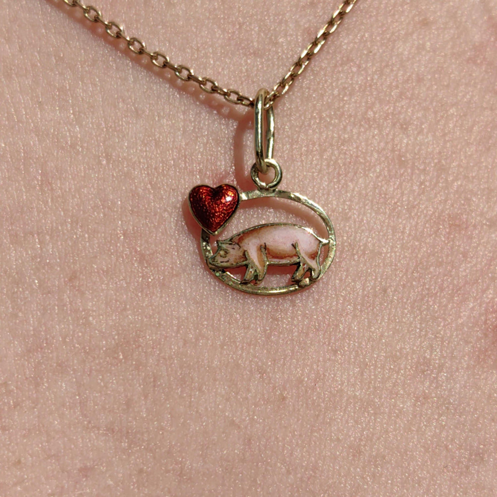 14k Gold Fire Enamel Pig Pendant: Art Nouveau Farm Charm